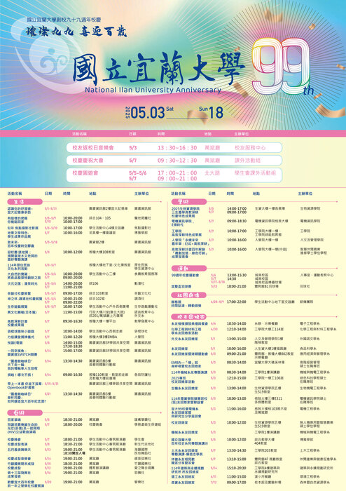 【運健中心】轉知國立宜蘭大學來函檢送「99週年校慶週活動」宣傳電子海報圖片