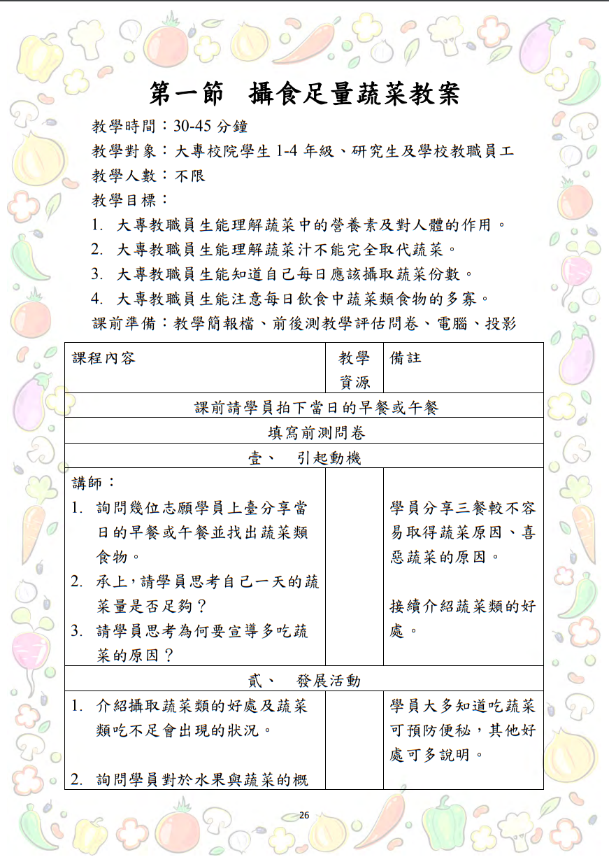 大專校院推動攝食足量蔬菜教學資源參考手冊圖片